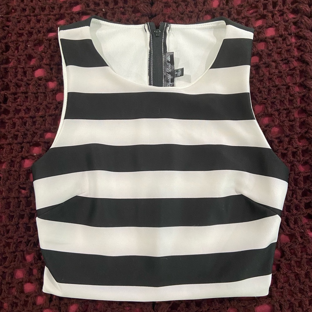 Crystal Doll Black and White Striped Crop Top